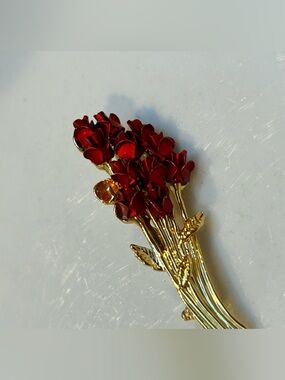 Monet Gold-Tone Bouquet Brooch with Red Enamel Flowers